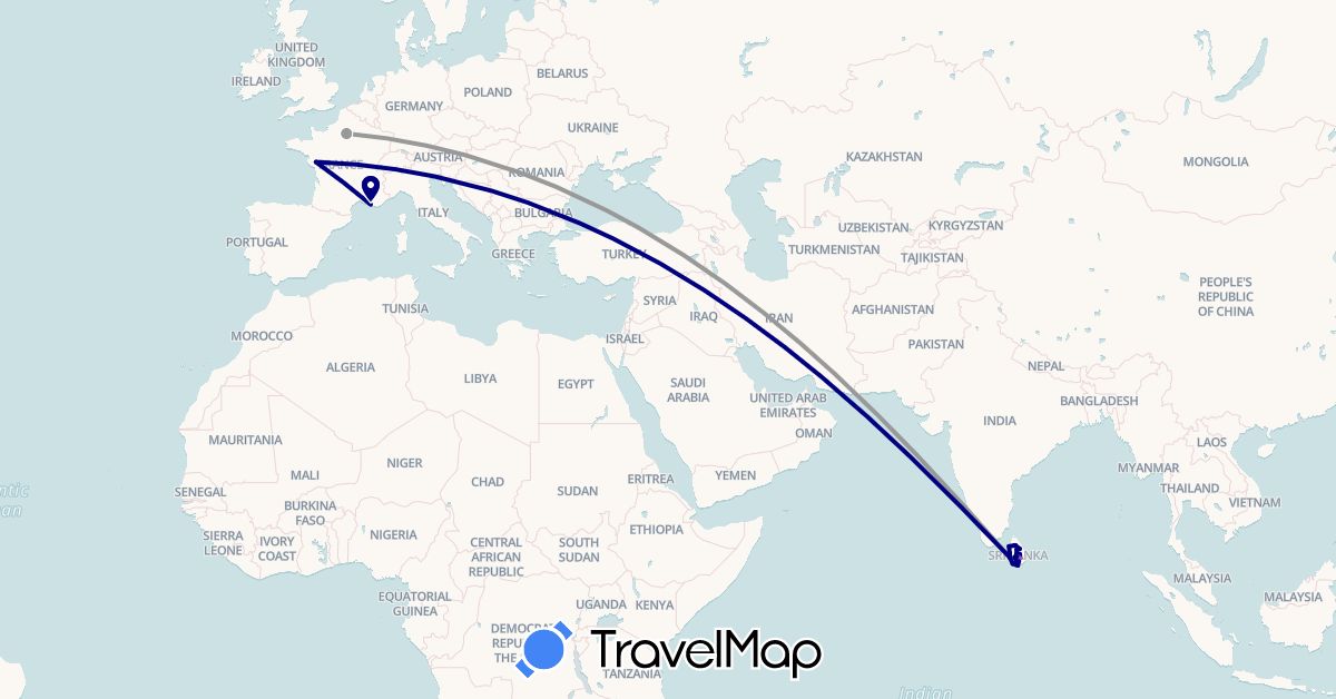TravelMap itinerary: driving, plane, cycling, train in France, Sri Lanka (Asia, Europe)